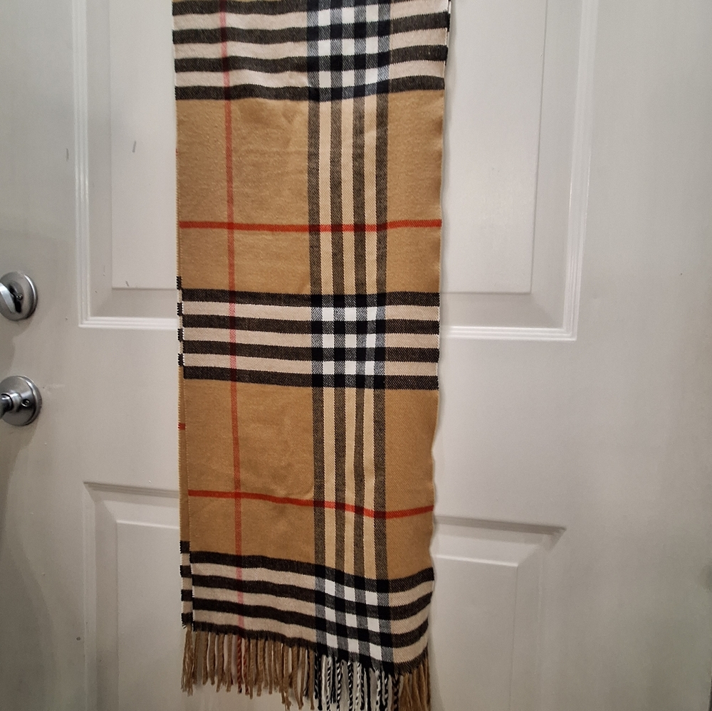 Winter Plaid Tan Scarf W/ 4" Fringe - Picture 2 of 5